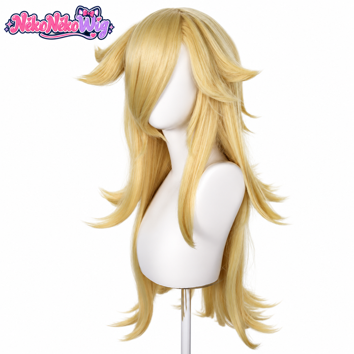 Rosalina-inspired long blonde wig with swept fringe and flipped layers, front view