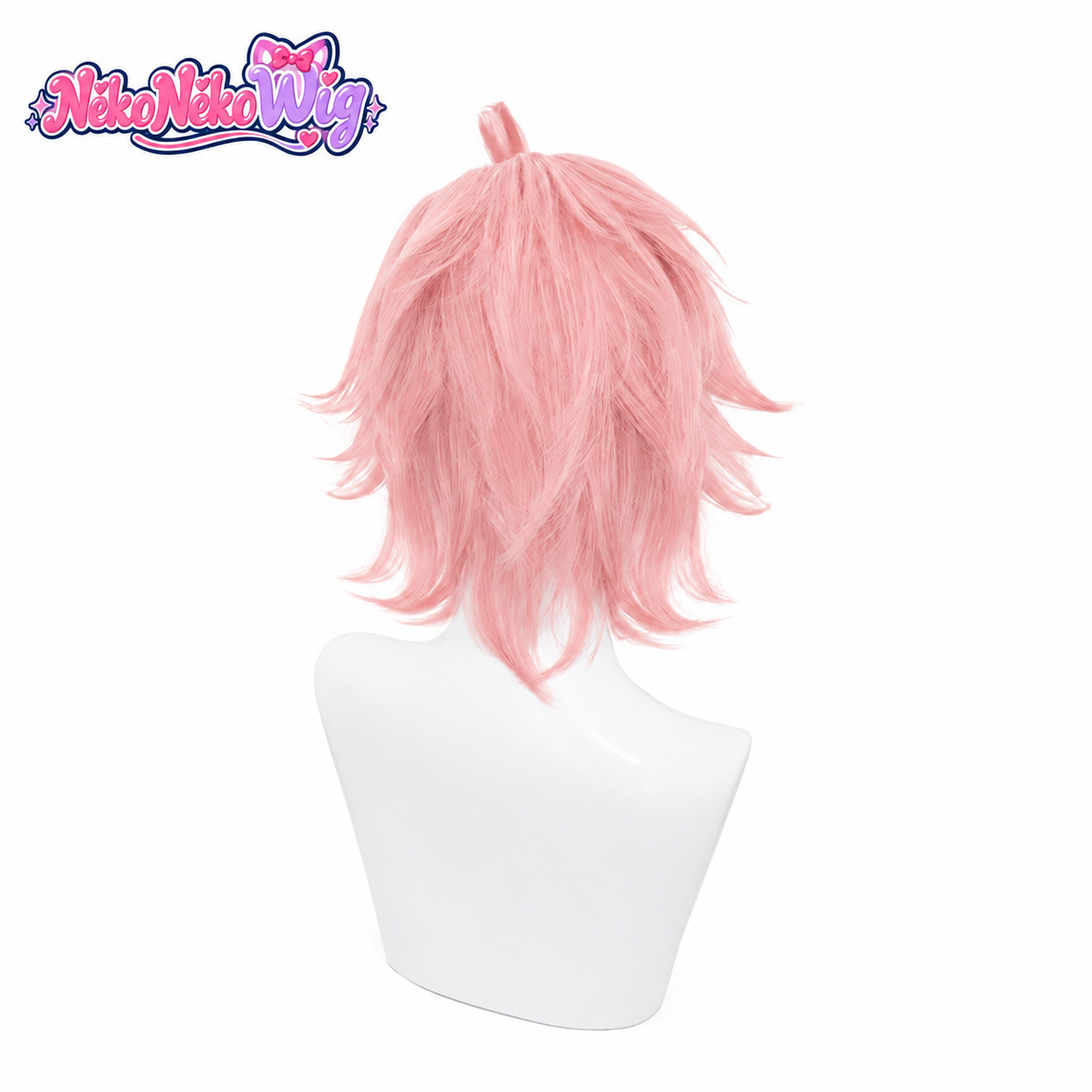 Diona dusty-pink cosplay wig with flipped layers and crown tuft, back view