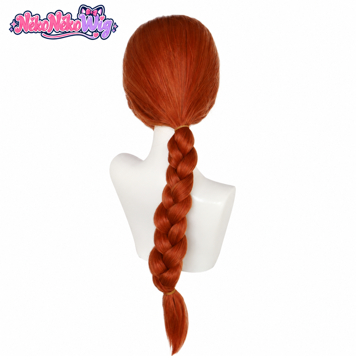 Back view of auburn wig with one long low braid