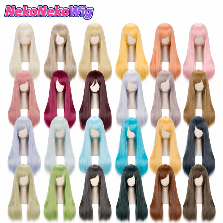 60cm Multi-Color Long Straight Cosplay Wig – Rose Net or Buckle Net Options