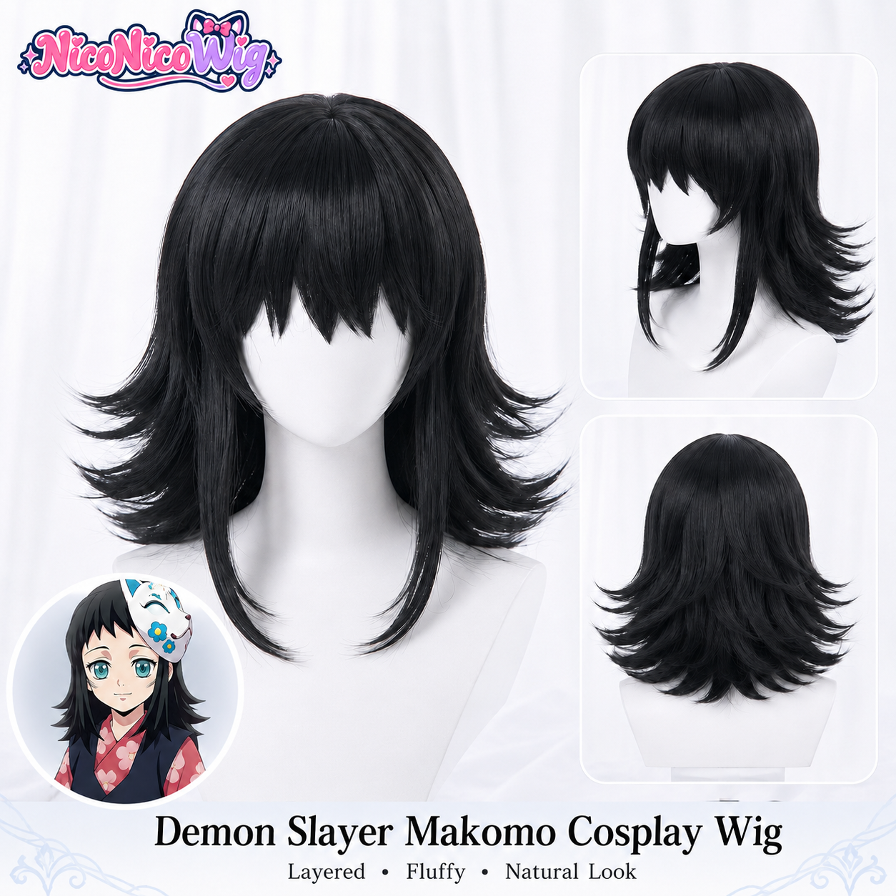 Demon Slayer Makomo Cosplay Wig  Layered Fluffy Short Wig