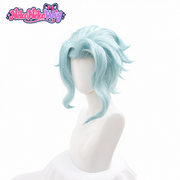 Dottore ice-blue layered cosplay wig with swept-back texture, front view