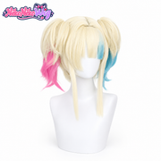Harley Quinn Isekai blonde pink and blue twin tail wig, front view