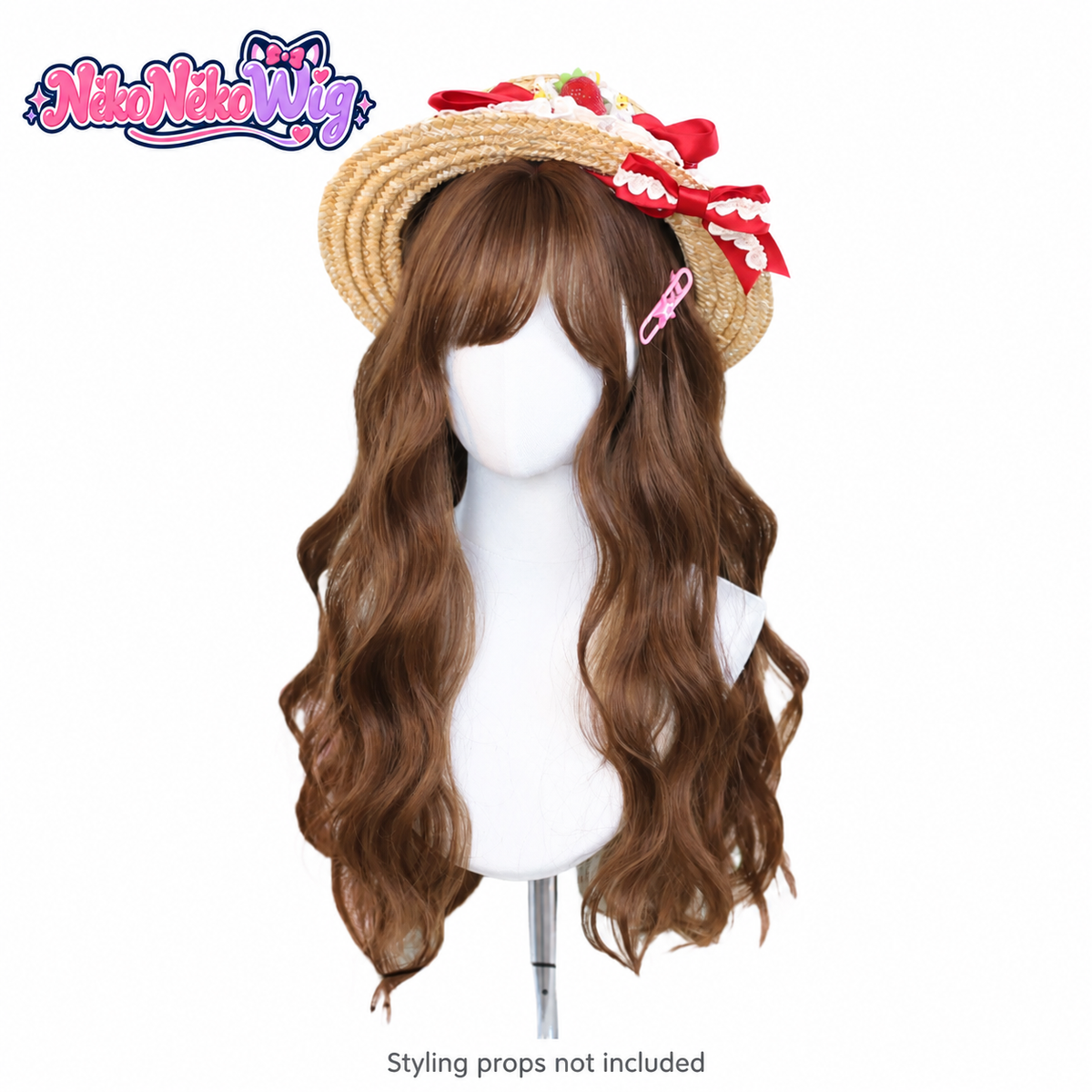 Caramel brown long wavy wig with airy bangs - front view; styling hat and clip not included