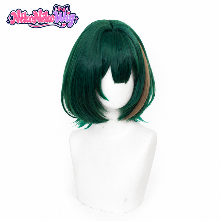Nefer short deep green layered cosplay bob with tan streak, front view