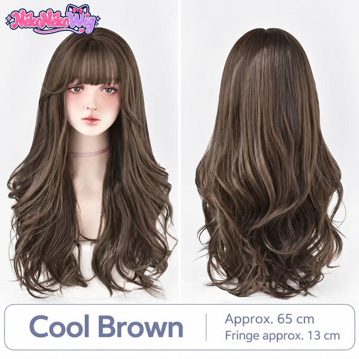 Cool Brown long wavy wig with bangs, actual front and back mannequin views