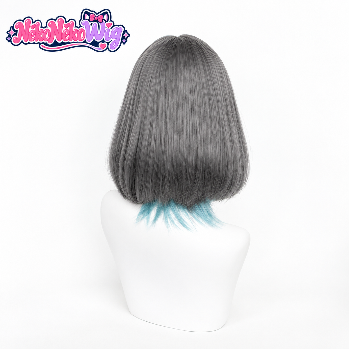 Cheshire gray bob with blue nape strands, back view