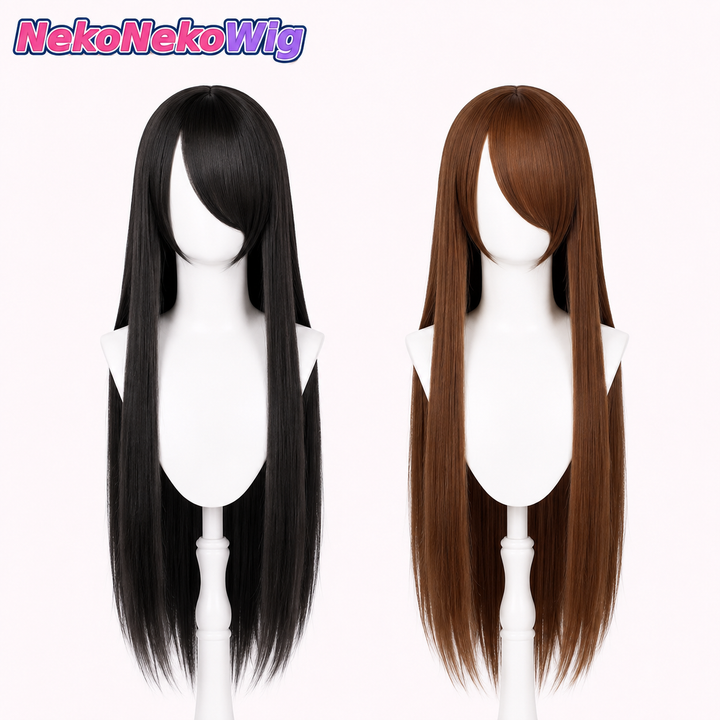 80cm Long Straight Cosplay Wig – Scalp-Top Long Bangs, Black or Brown