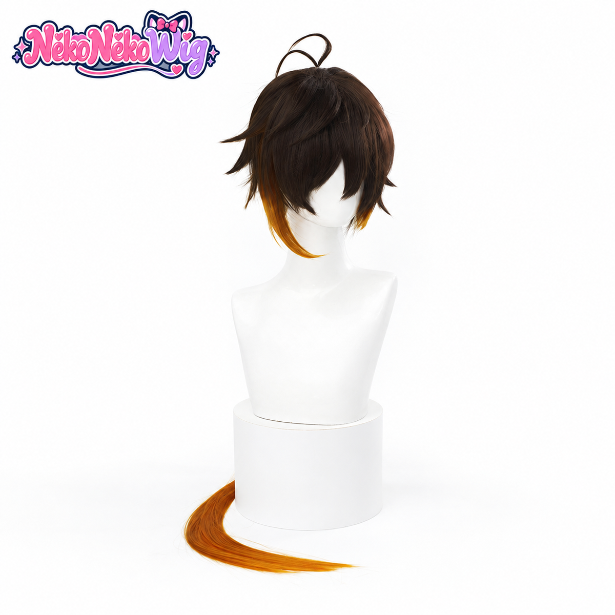 Zhongli cosplay wig in dark brown with amber ends, front view