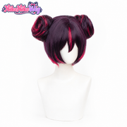 Quency purple and red twin bun cosplay wig, front view