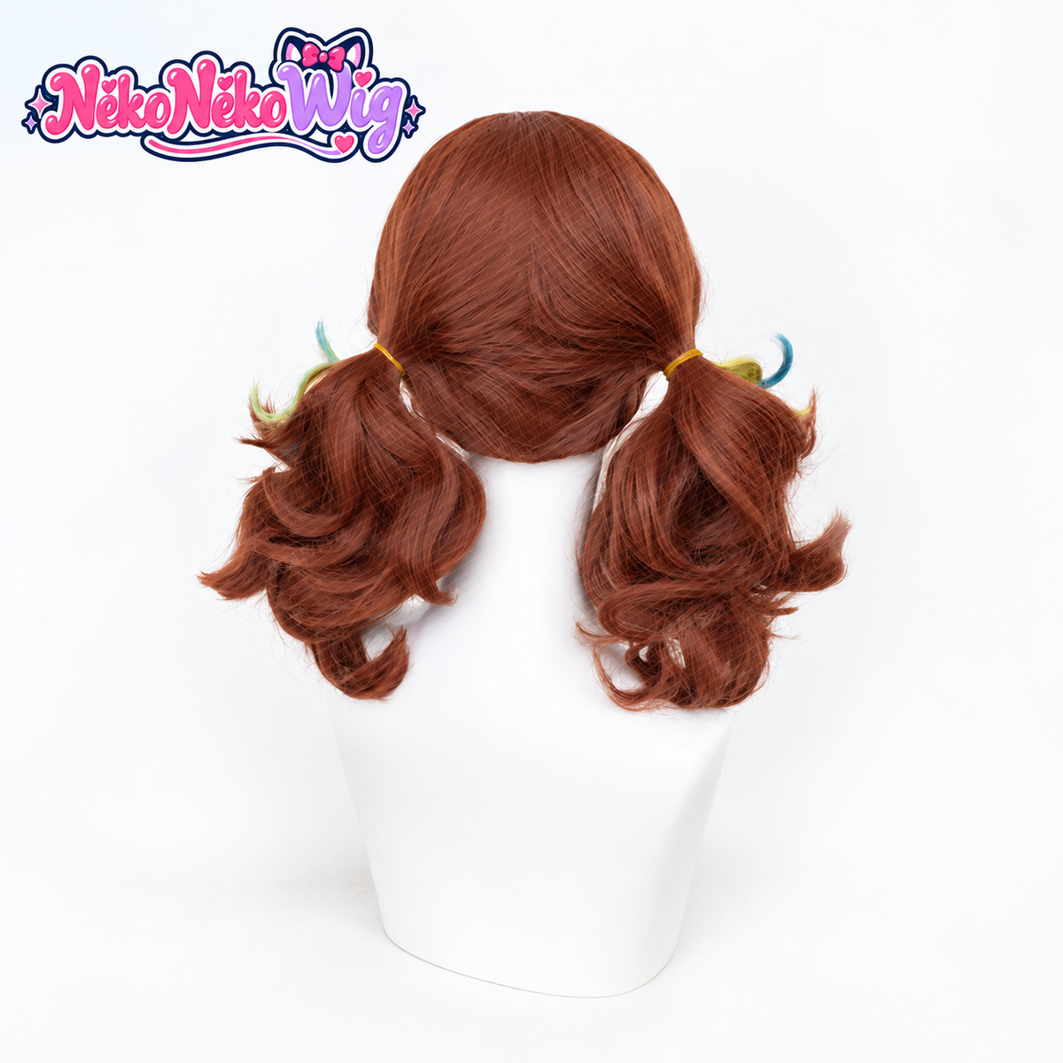 Cheerleader auburn twin ponytail cosplay wig with colored strands, back view