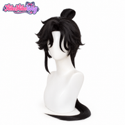 Honor of Kings Sun Quan black layered cosplay wig with bun and ponytail, front view