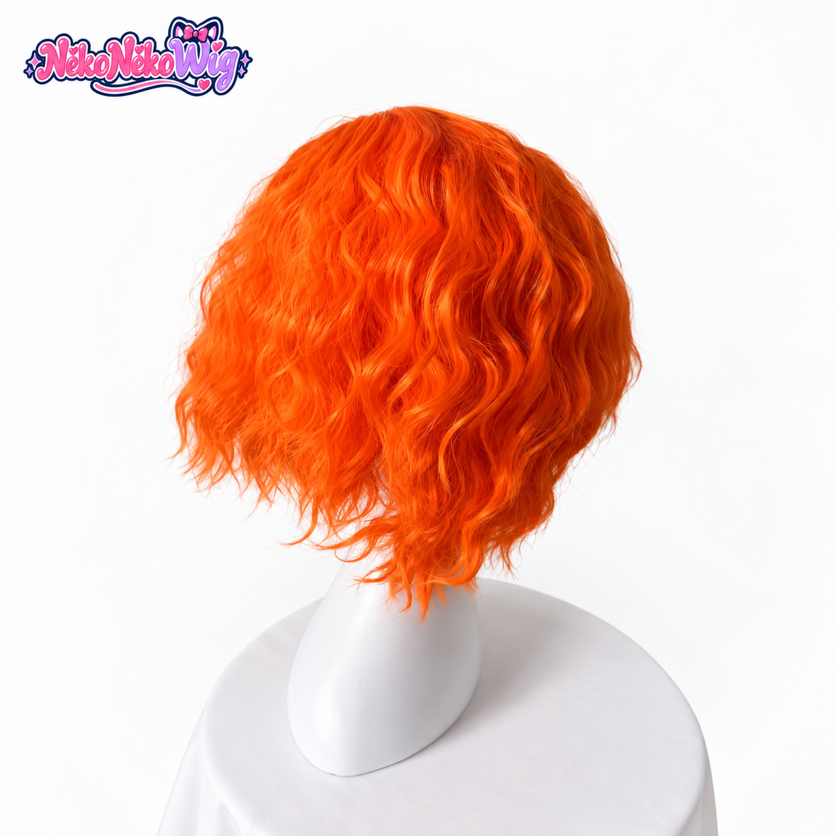 Orange curly costume wig, side view showing rounded bob shape