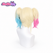 Harley Quinn Isekai blonde pink and blue twin tail wig, back view