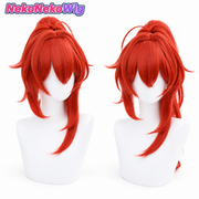 Genshin Impact Diluc Red Dead of Night Cosplay Wig  Red Clip-On High Ponytail Style