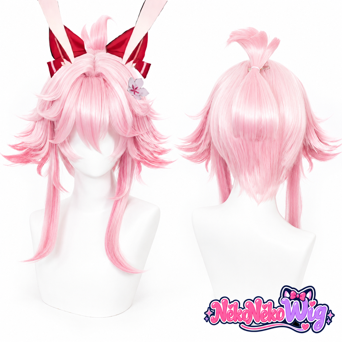 Evanescia pink layered cosplay wig with outward-swept ends and long side sections