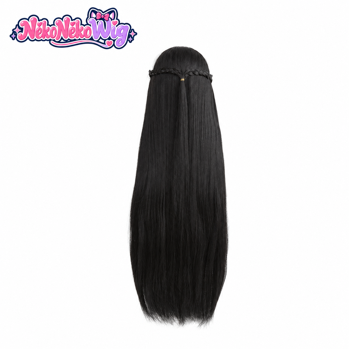 Hoshimi Miyabi long straight black cosplay wig with braided sides, back view