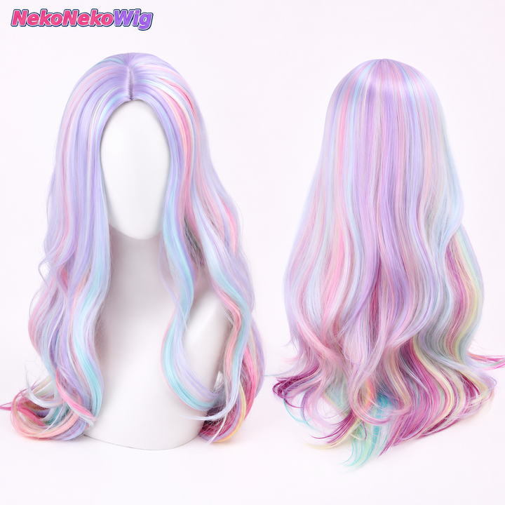 Rainbow Mixed-Color Long Wavy Cosplay Wig  Harajuku Lolita Center-Part Style