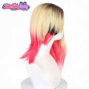 Blonde-to-pink gradient costume wig, side view showing asymmetric swept layers
