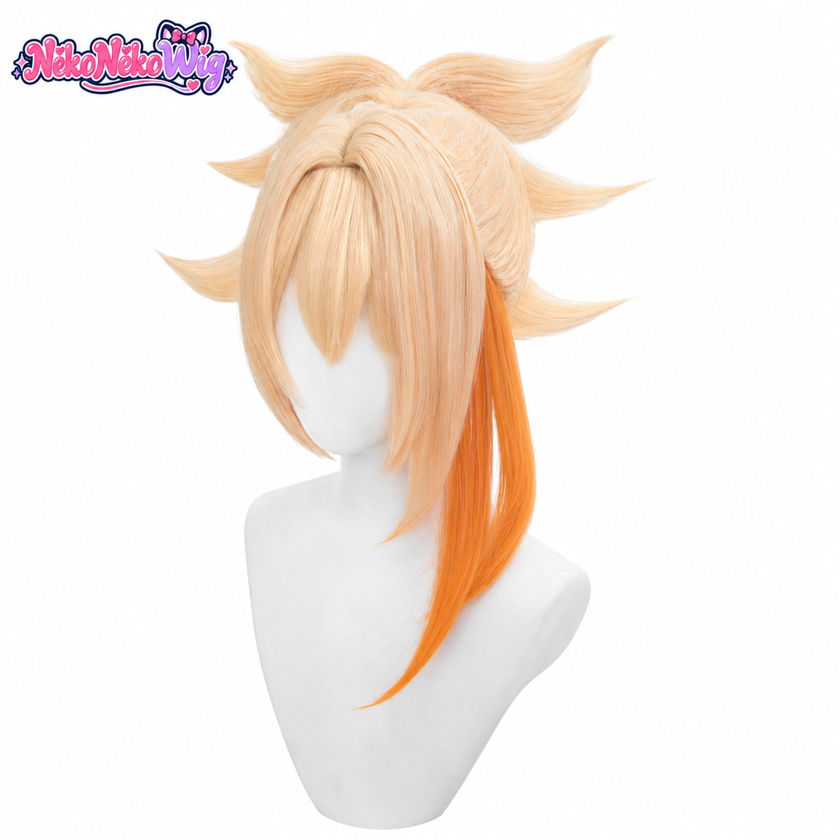 Yoimiya cosplay wig with blonde layers and an orange clip-on ponytail, front view