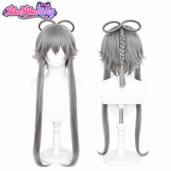 Luo Tianyi silver-gray cosplay wig with long side sections and loop hairpiece, front and back reference