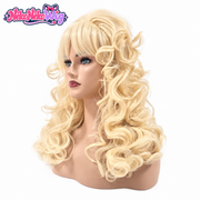 Blonde curly stage costume wig, side view showing layered curls