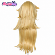 Back view of long blonde layered wig with outward-flipped tiers