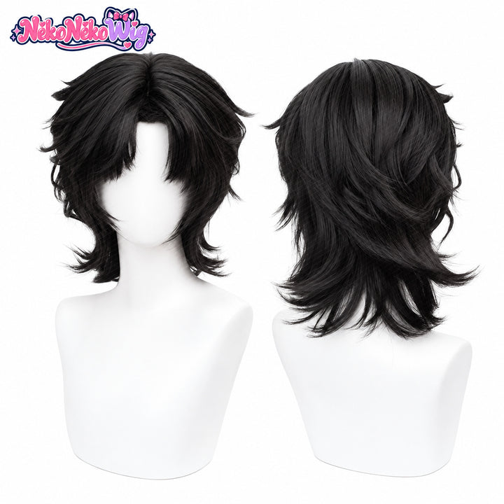 Hei Xiazi black layered wolf-cut cosplay wig, front and back styling reference