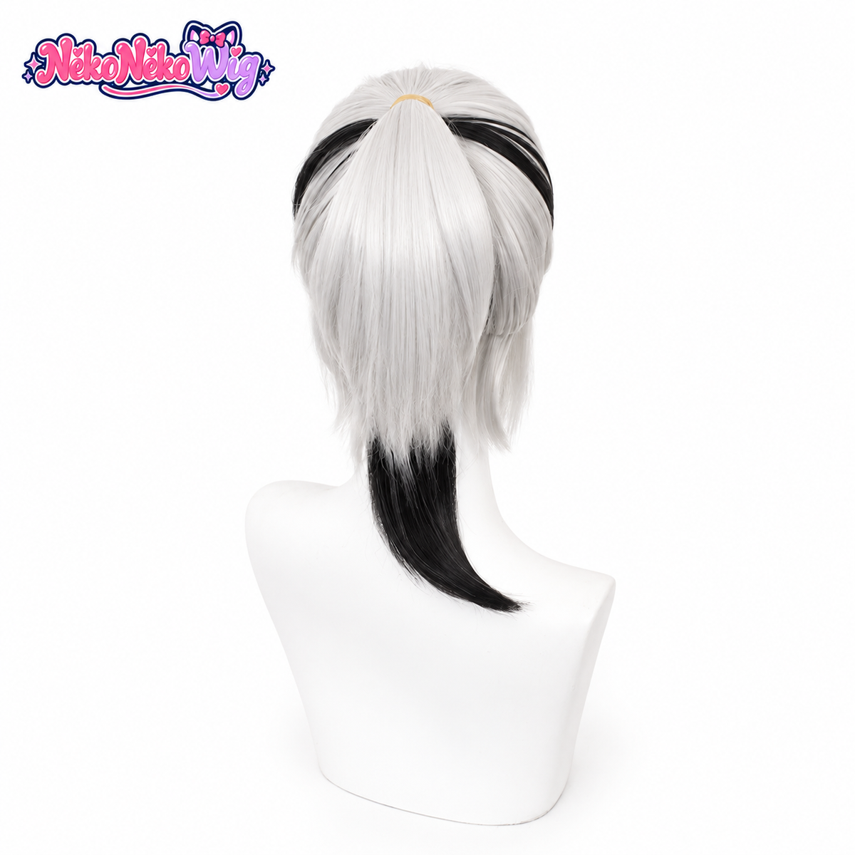 Hackclaw silver-white wig with black underlayer and high ponytail, back view