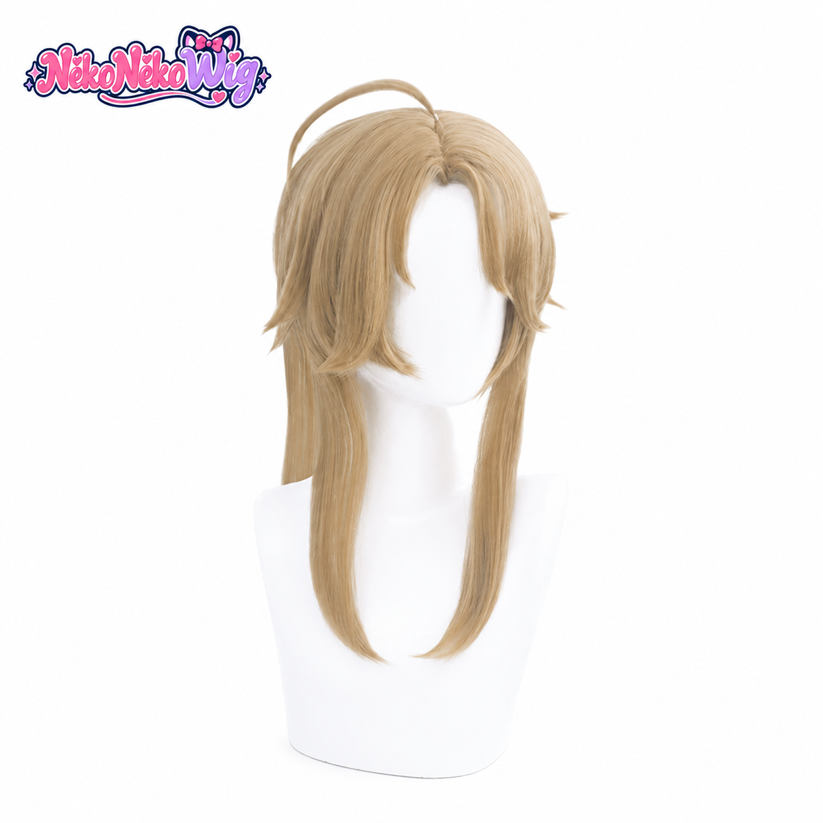 Yanqing ash-blonde cosplay wig with layered fringe and high ponytail, front view