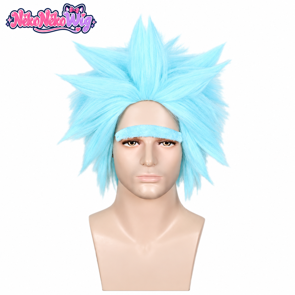 Light blue Rick-inspired spiky costume wig on mannequin
