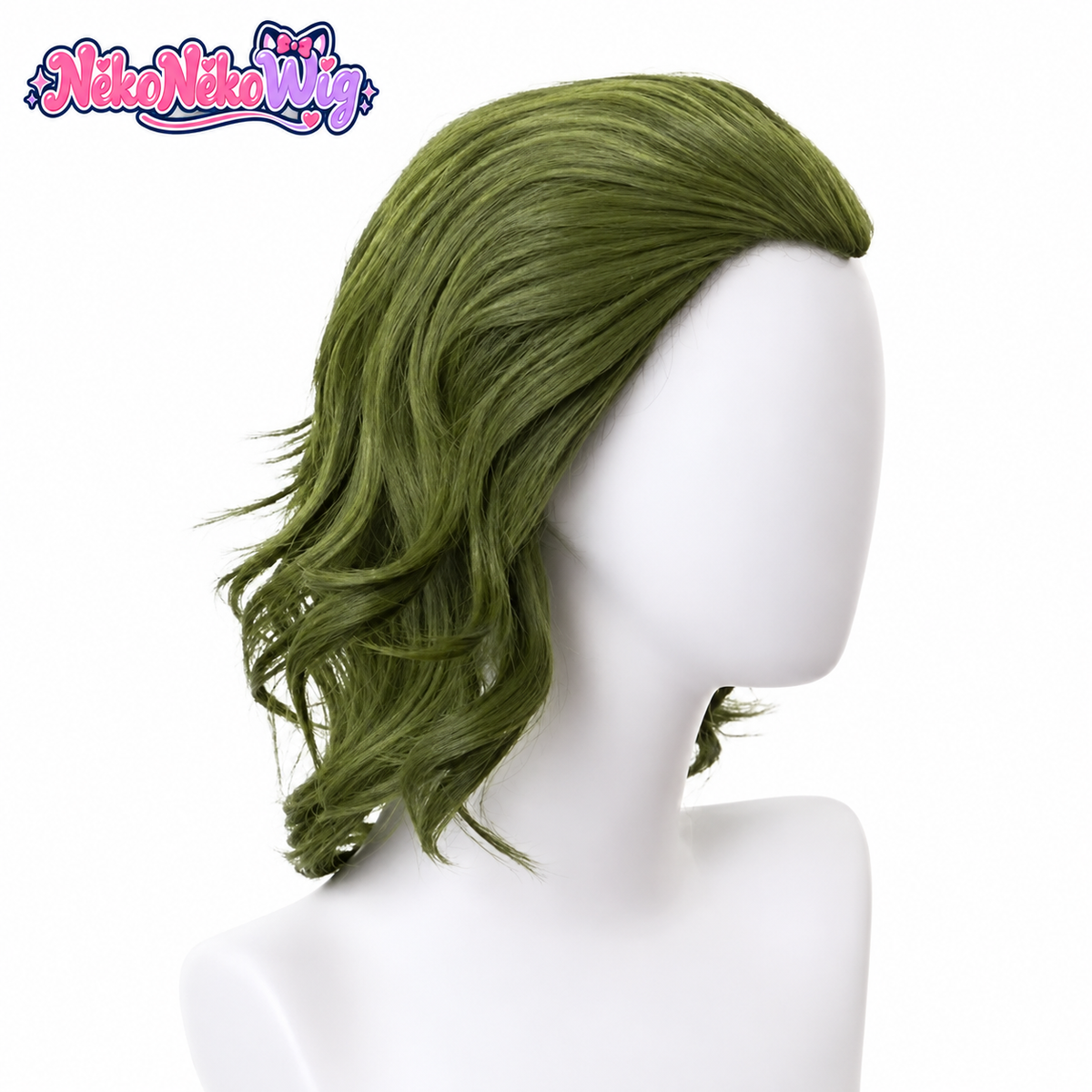 Olive green costume wig, side view showing shoulder-length waves