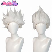 White Ursula-inspired swept-up spiky wig on mannequins