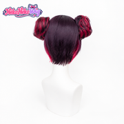 Quency purple and red twin bun cosplay wig, back view