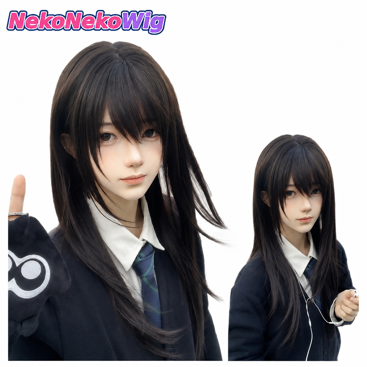 Black Tea Brown Long Straight Cosplay Wig  High-Layer Full Bangs Lolita JK Style