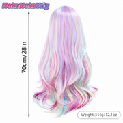 Rainbow Mixed-Color Long Wavy Cosplay Wig  Harajuku Lolita Center-Part Style