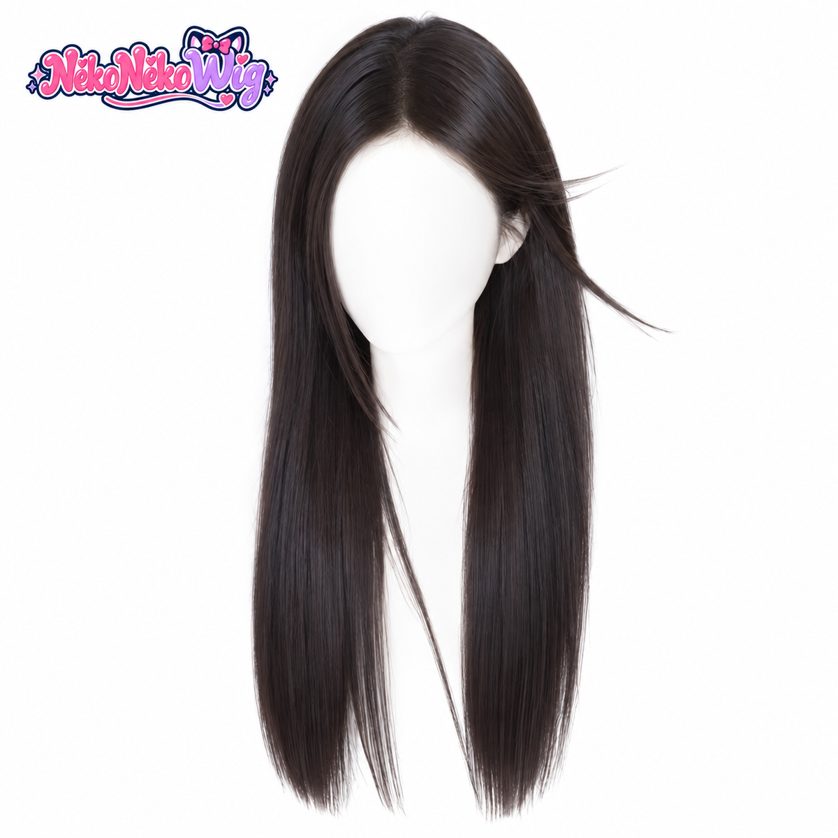 Brown-black long straight wig with center part and face-framing layers - front view