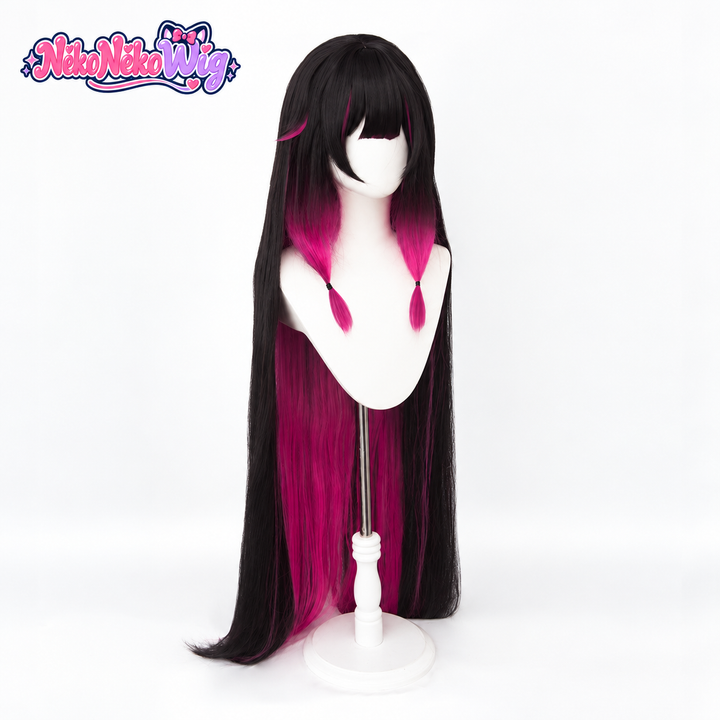 Columbina cosplay wig with black and magenta hair, front view