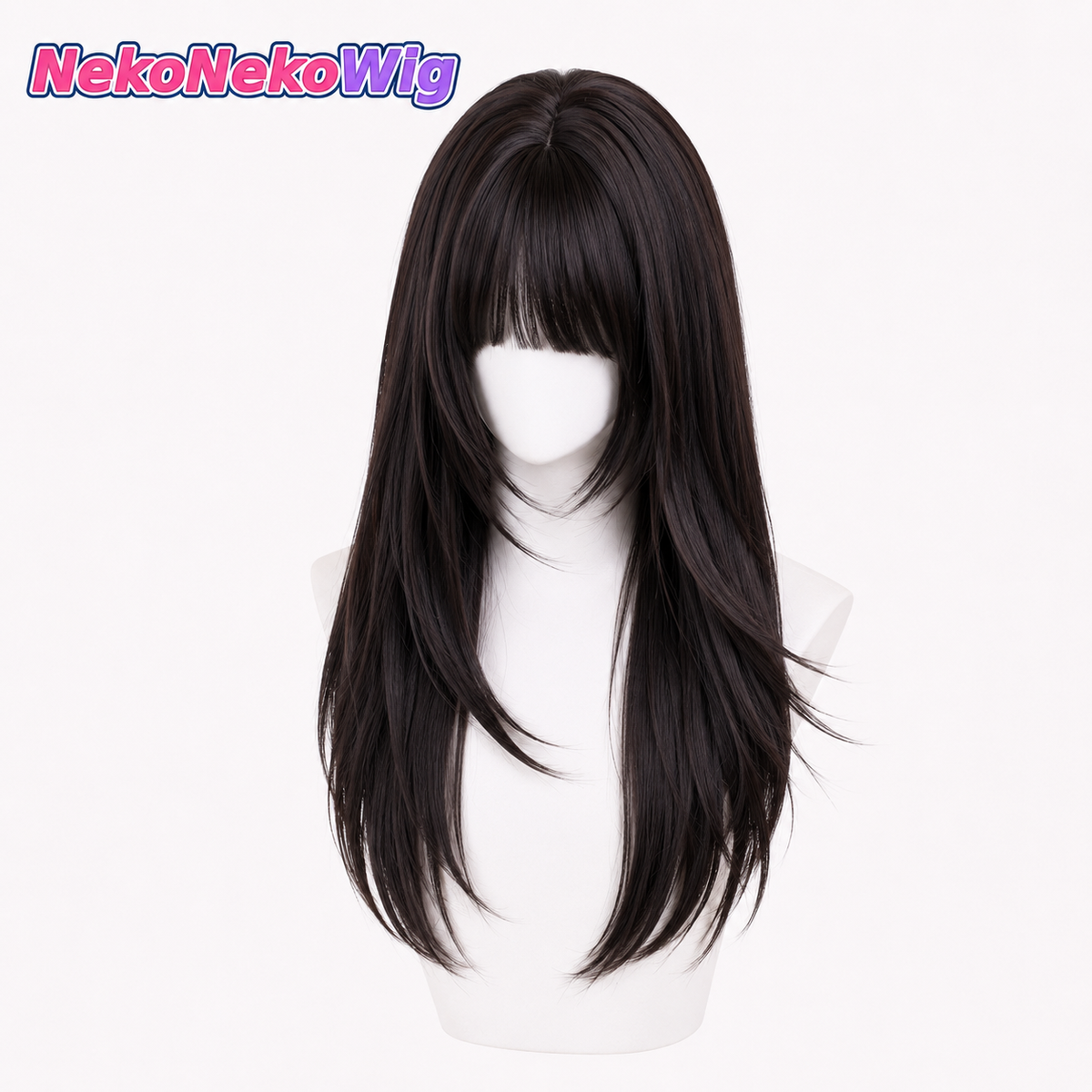 Black Tea Brown Long Straight Cosplay Wig  High-Layer Full Bangs Lolita JK Style