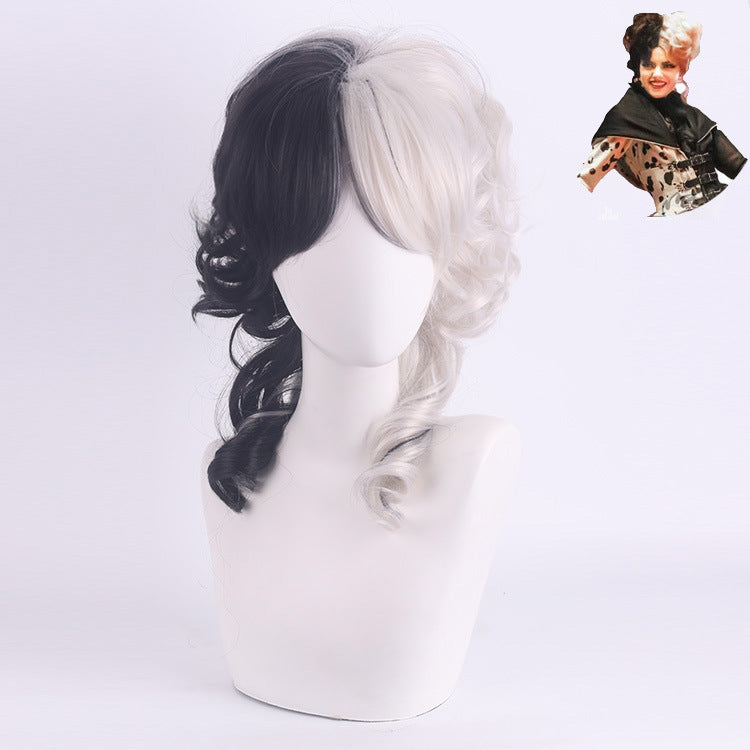 101 Dalmatians Cruella de Vil Cosplay Wig – Black & White Short Curly Style