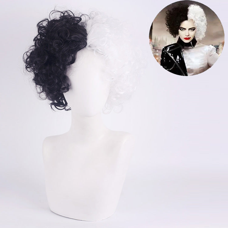 101 Dalmatians Cruella de Vil Cosplay Wig – Black & White Short Curly Style