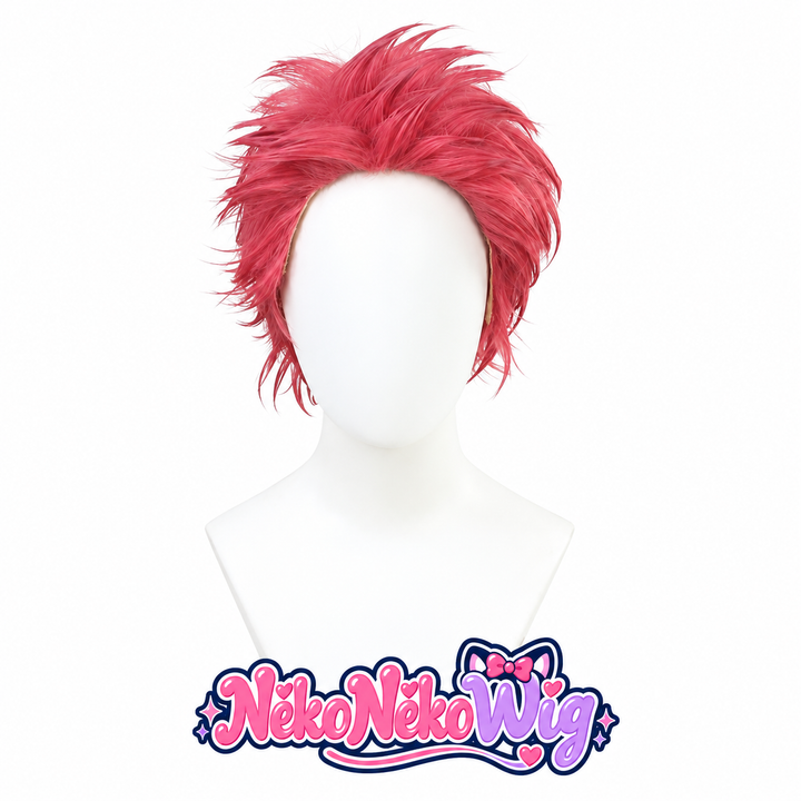 Akaza pink-red short spiky Demon Slayer cosplay wig with swept-back raised strands