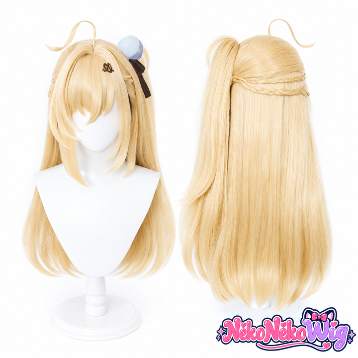 Cissia blonde cosplay wig with fine front braids and a single ponytail, front and back views