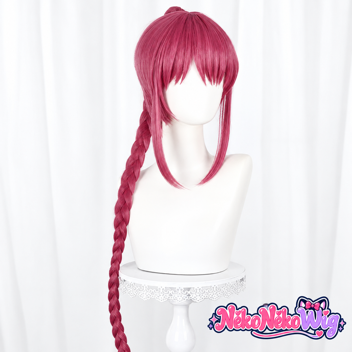 A Lu Shaotang-style cosplay wig for Sakamoto Days, with a burgundy-magenta fringe, long face-framing pieces and a single braid. NekoNekoWig product view.