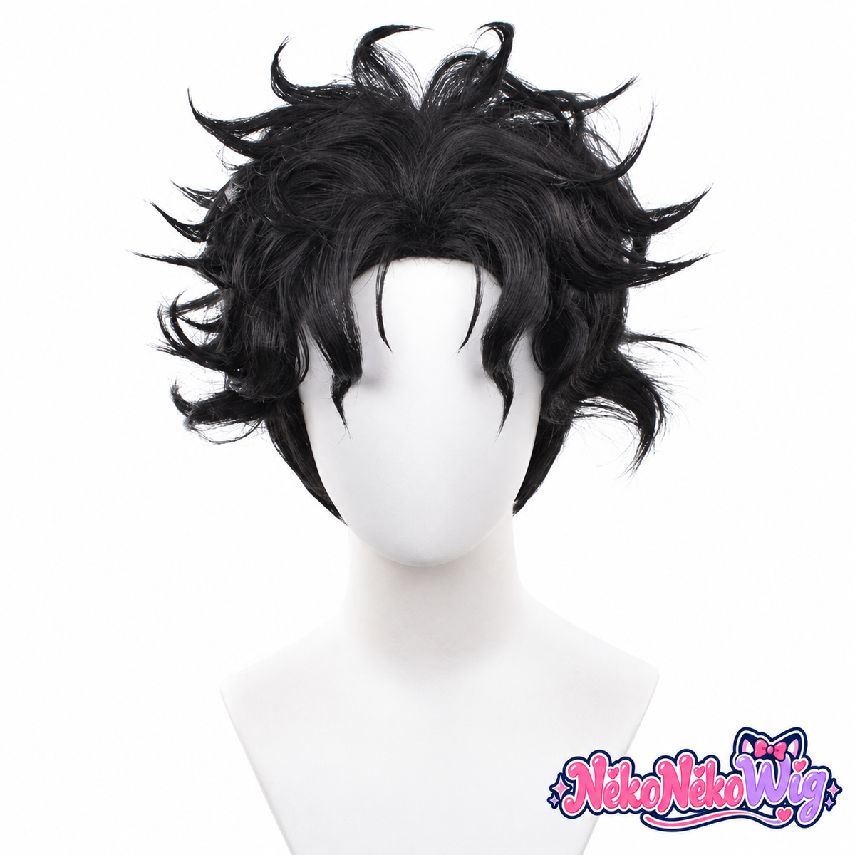 A black short cosplay wig with a center part, textured curls and outward-pointing layered tips. NekoNekoWig product view.