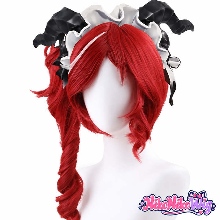 A scarlet red cosplay wig with swept bangs, a curled side lock and a separate spiral ponytail. NekoNekoWig product view.