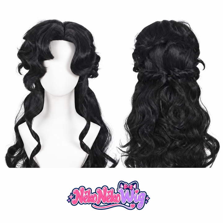 A black cosplay wig with a center part, sculpted face-framing curls, long waves and a half-up twisted back section. NekoNekoWig product view.