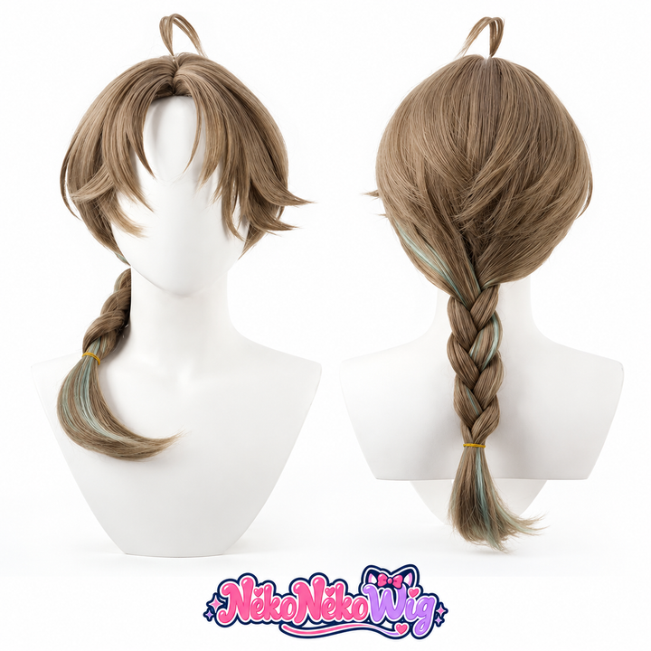 An ash brown cosplay wig with a center part, layered front strands, a single braid and subtle mint green accents. NekoNekoWig product view.