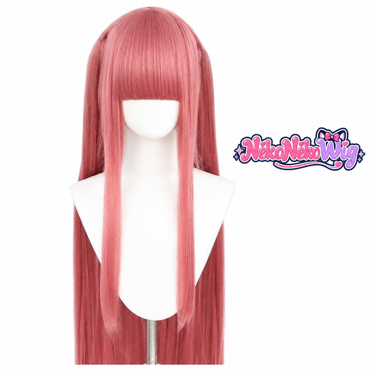 A muted pink long straight cosplay wig with a blunt fringe and long face-framing sections. NekoNekoWig product view.