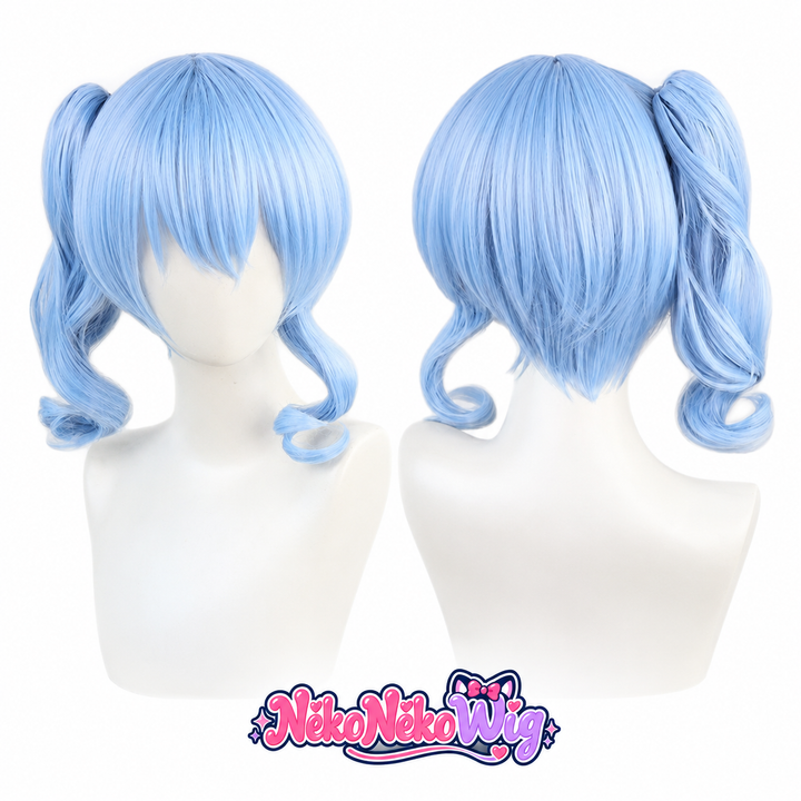 An ice blue cosplay wig with a short layered base, soft curled side locks and a separate single ponytail. NekoNekoWig product view.
